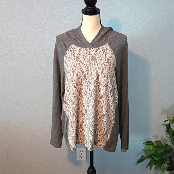 Sunday Tops - Gray and White Lace Women's Hoodie-Dressbarn